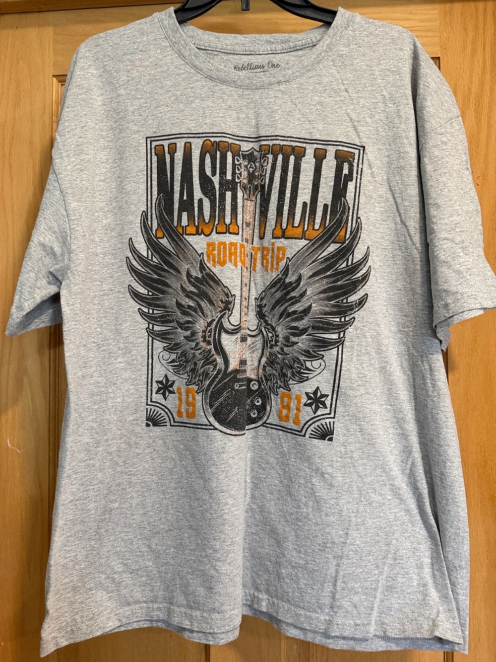 Rebellious One Gray Nashville Road Trip Graphic Tee with Orange and Black Print